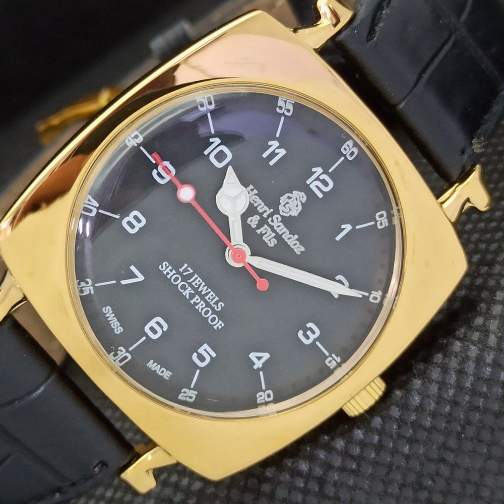 Vintage 1973 Square Henri Sandoz Manual Mens Gold Watch W/Silver accents